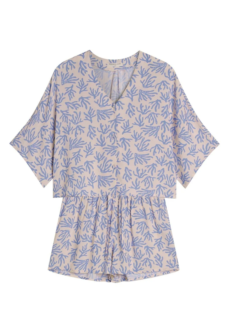 Pijama dama  albastru aprins, imprimeu floral, maneca trei sferturi, scurta, viscoza