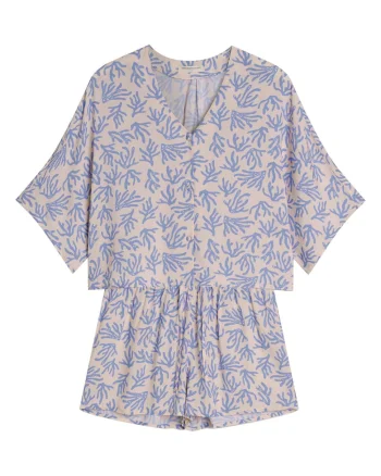Pijama dama  albastru aprins, imprimeu floral, maneca trei sferturi, scurta, viscoza