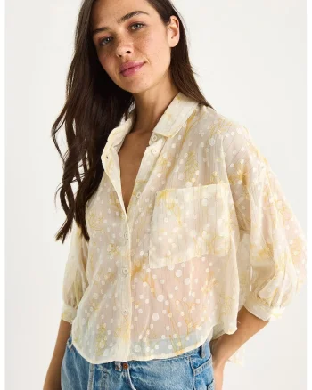 Camasa dama,  jacquard floral, galben, textil