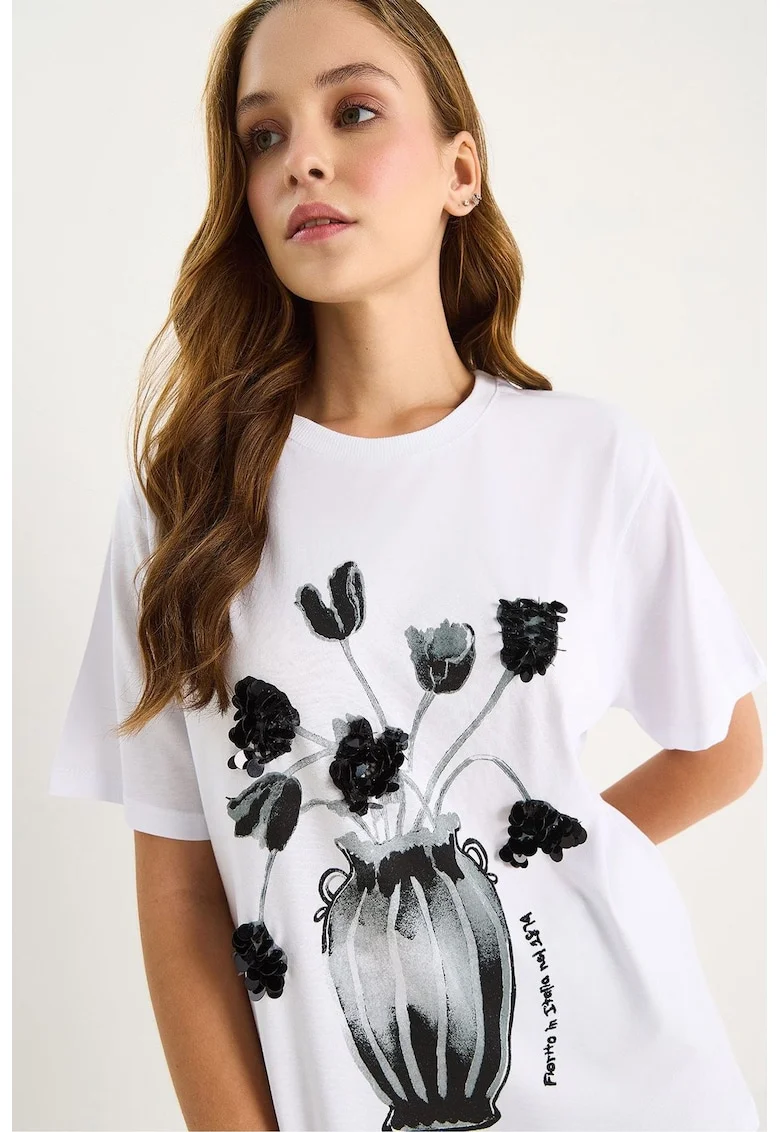 Tricou dama  guler rotund, imprimeu cu paiete, alb, jerseu