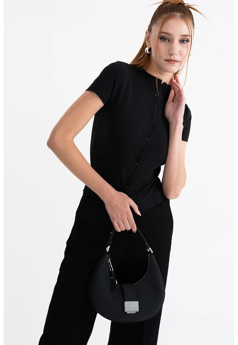 Bluza slim fit cu striatii si maneci scurte, Negru