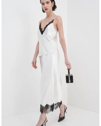 Bluza cu aspect de satin si captuseala din dantela, Alb fildes/Negru