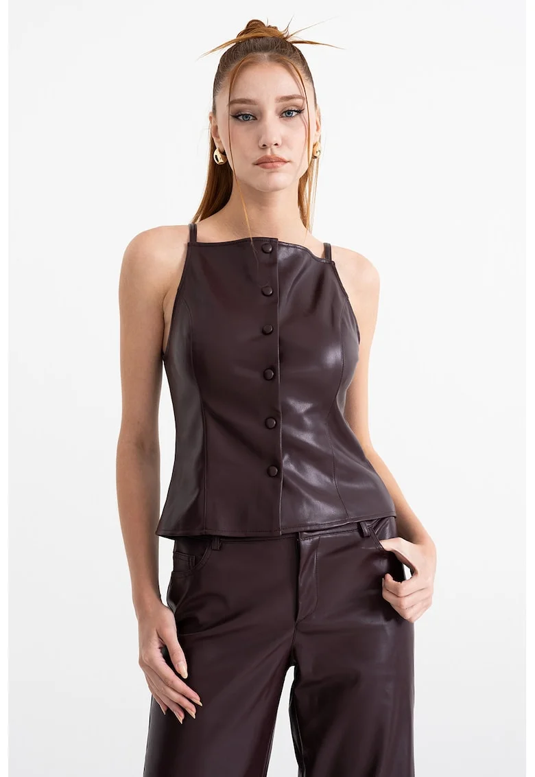 Bluza de piele ecologica cu nasturi decorativi, fara maneci, Visiniu