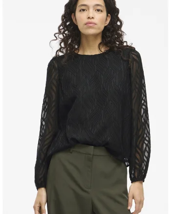 Bluza transparenta cu model brodat Mika, Negru/Gri inchis