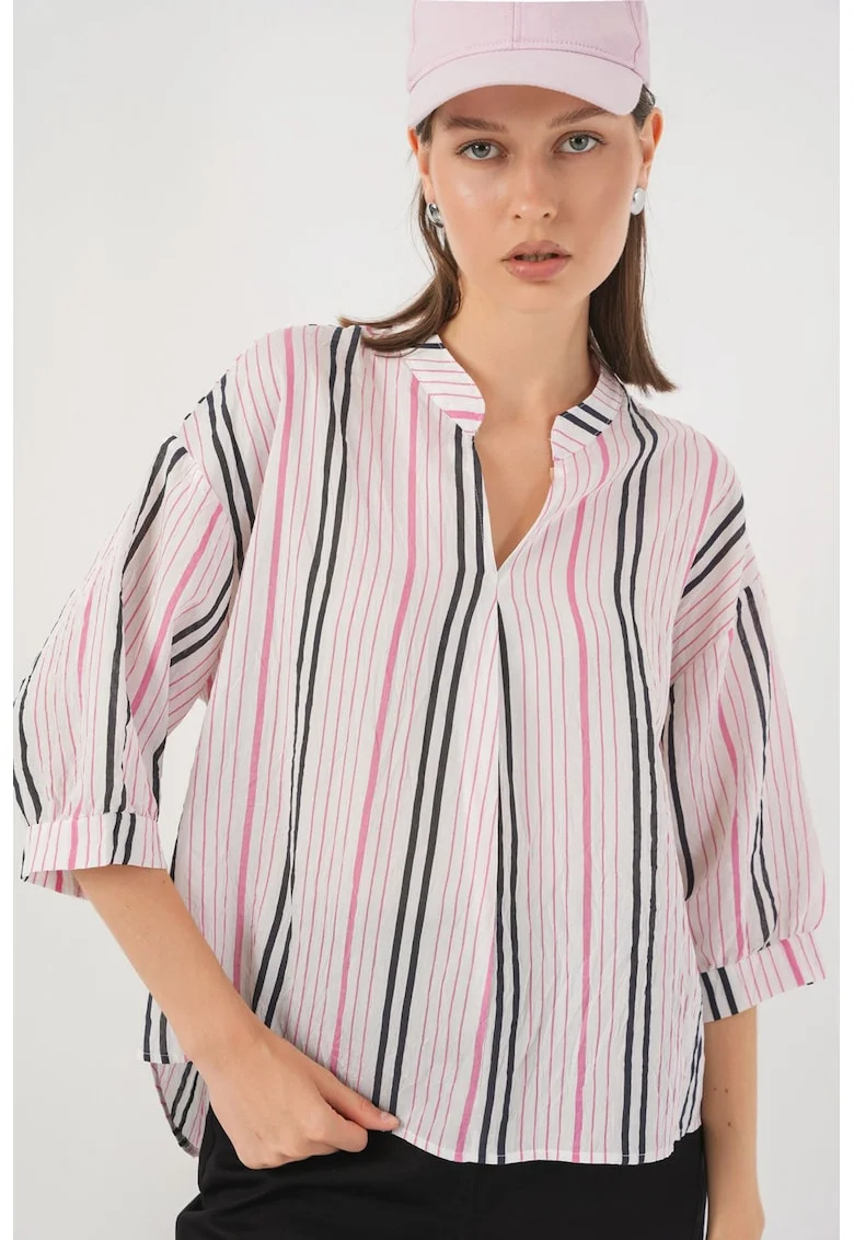 Bluza dama HiCCUP BDART, cu dungi, decolteu in V, textil, roz