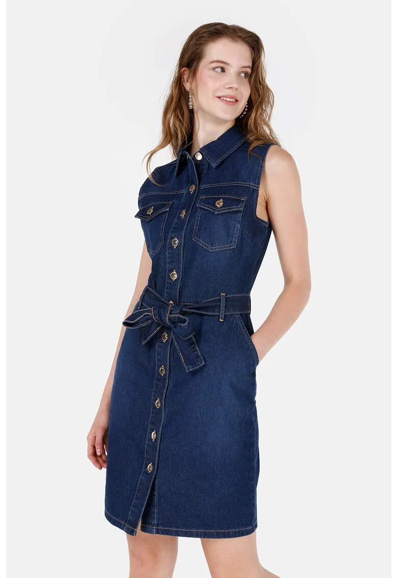 Rochie-camasa din denim cu buzunare aplicate, Bleumarin