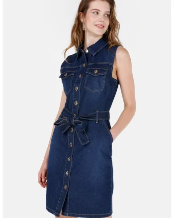 Rochie-camasa din denim cu buzunare aplicate, Bleumarin