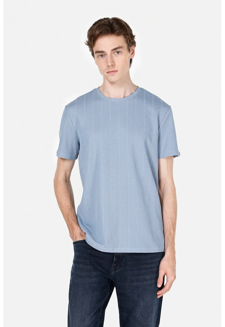 Tricou striat cu decolteu la baza gatului, Albastru pastel