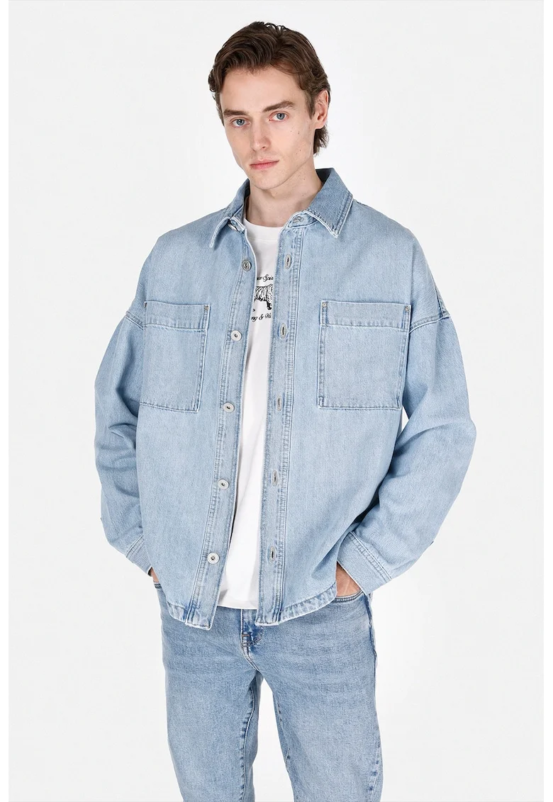 Camasa din denim cu maneci cazute, Albastru deschis