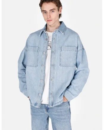 Camasa din denim cu maneci cazute, Albastru deschis