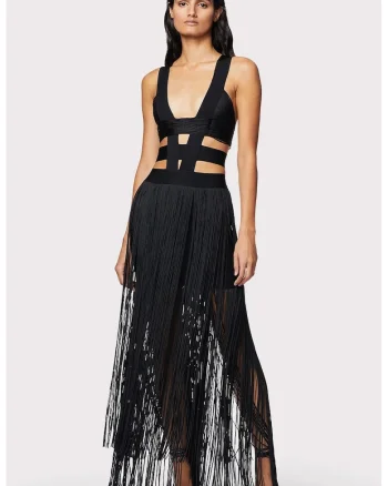 Rochie cu franjuri si decolteu adanc in V, Negru