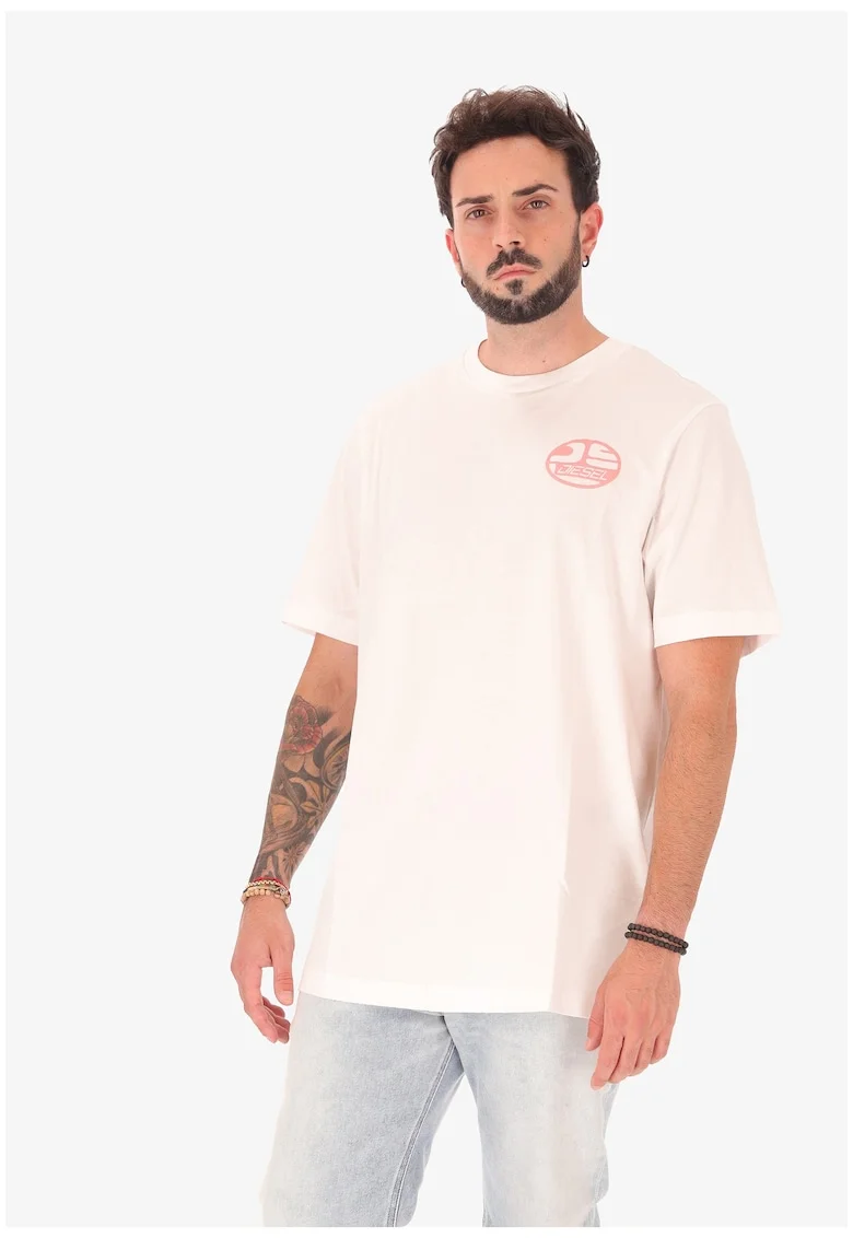 Tricou cu decolteu la baza gatului si imprimeu logo, Alb