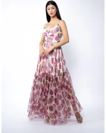 Rochie lunga din matase cu bretele si imprimeu cu buline, Multicolor