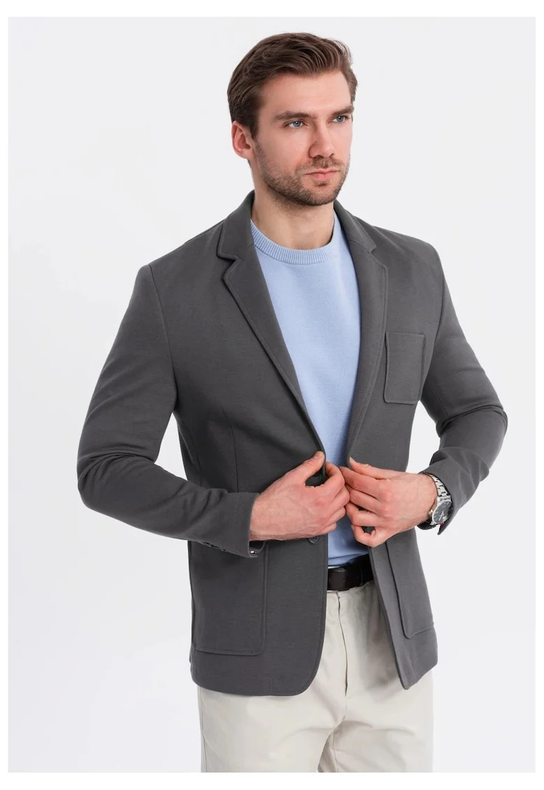 Sacou SLIM din tesatura tricotata cu textura subtila  OM-BLZB-0101, Gri inchis, Gri inchis