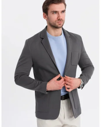 Sacou SLIM din tesatura tricotata cu textura subtila  OM-BLZB-0101, Gri inchis, Gri inchis
