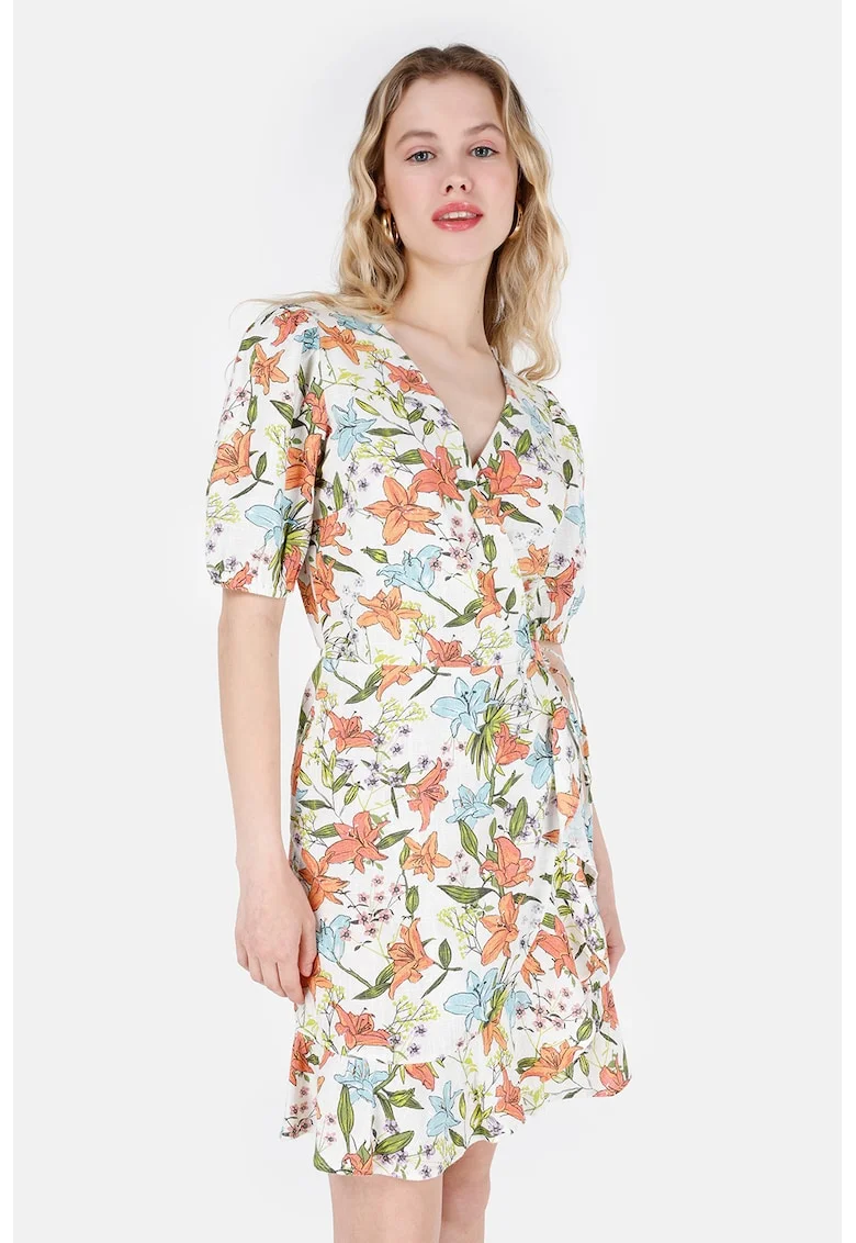Rochie din amestec de in cu model floral, Alb/Portocaliu/Albastru