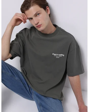 Tricou de bumbac cu text, Gri antracit