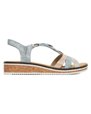 Sandale dama,  bej, piele ecologica, interior textil, Bej/Albastru