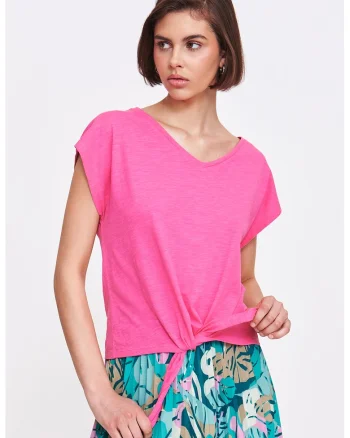 Tricou din bumbac cu detaliu cu nod, Roz