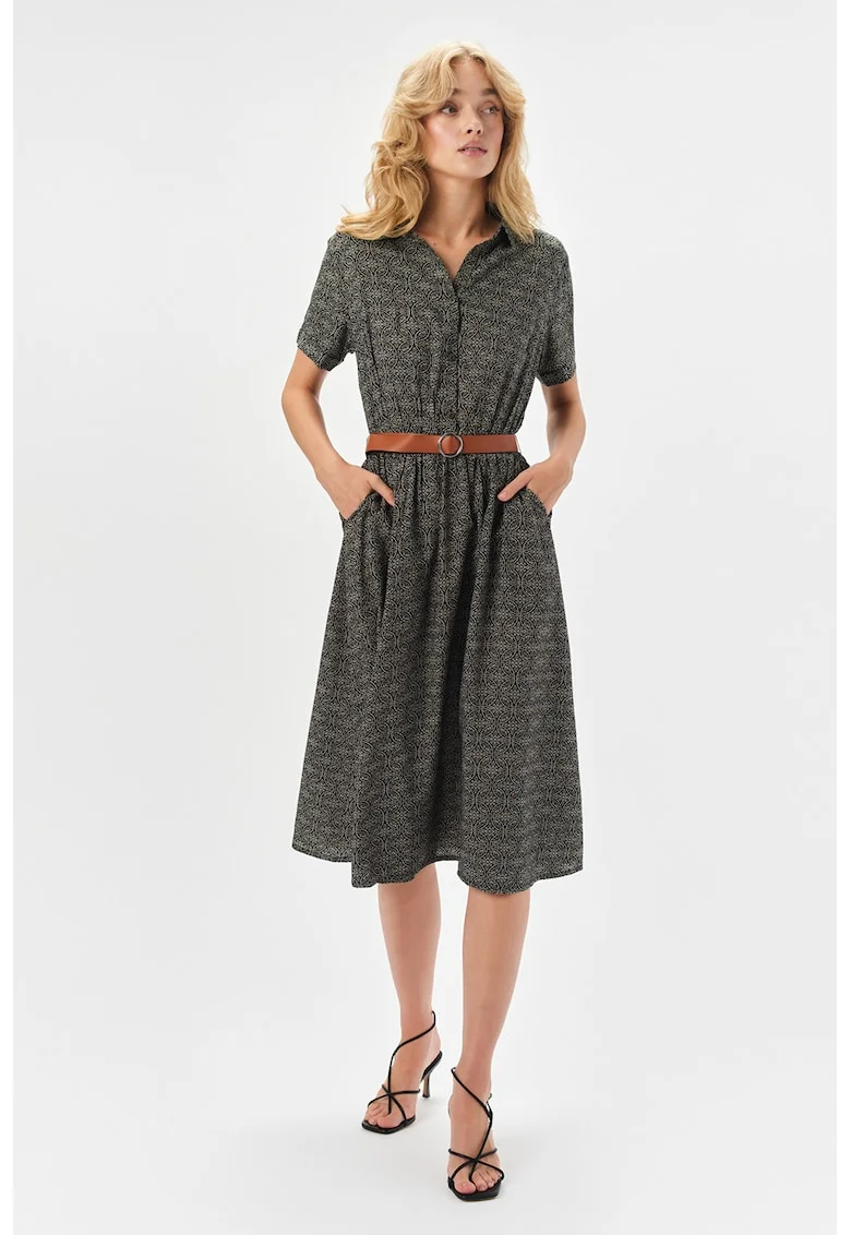 Rochie-camasa cu buzunare laterale, Negru/Roz prafuit