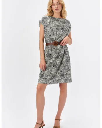 Rochie scurta cu model si curea, Negru/Bej