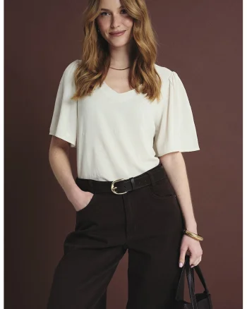Bluza din amestec de in cu decolteu in V, Bej deschis