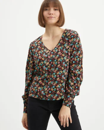 Bluza cu imprimeu floral si maneci bufante