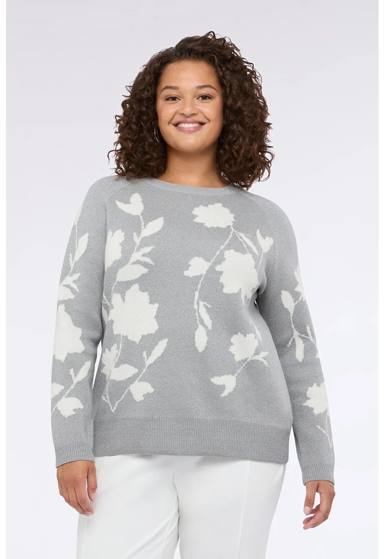 Pulover din amestec de lana cu imprimeu floral, Alb/Gri