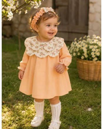 Rochie bebe fetita din muselina cu bentita si guler ffewgewloral eleganta, Fete, Portocaliu