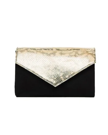 Geanta dama piele,  Plic one mic, velur negru cu sarpe bej auriu, 22x5x15 cm