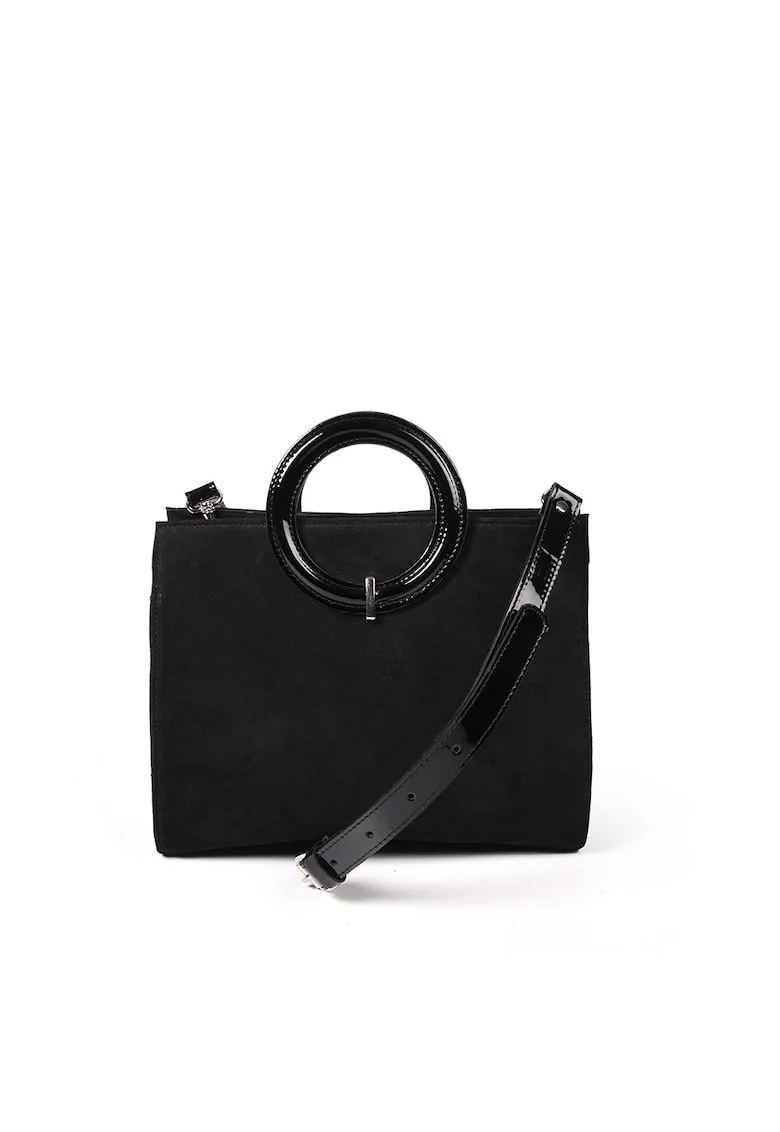 Geanta dama piele,  Otilia, velur lac negru, 29 x 10 x 22 cm