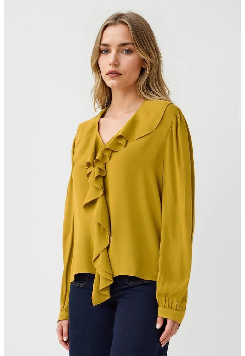 Bluza cu decolteu in V si volane, Verde masliniu