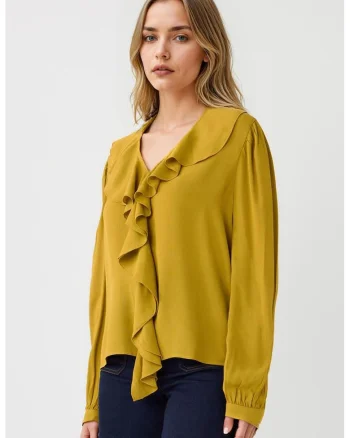 Bluza cu decolteu in V si volane, Verde masliniu