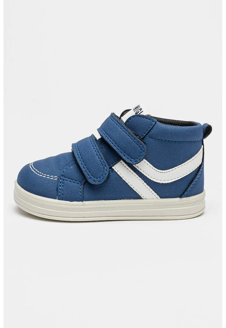 Pantofi sport de piele sintetica intoarsa cu velcro, Alb/Albastru royal