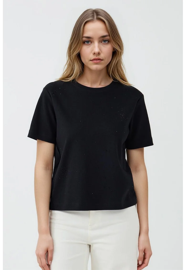 Tricou din bumbac cu decolteu la baza gatului, Negru