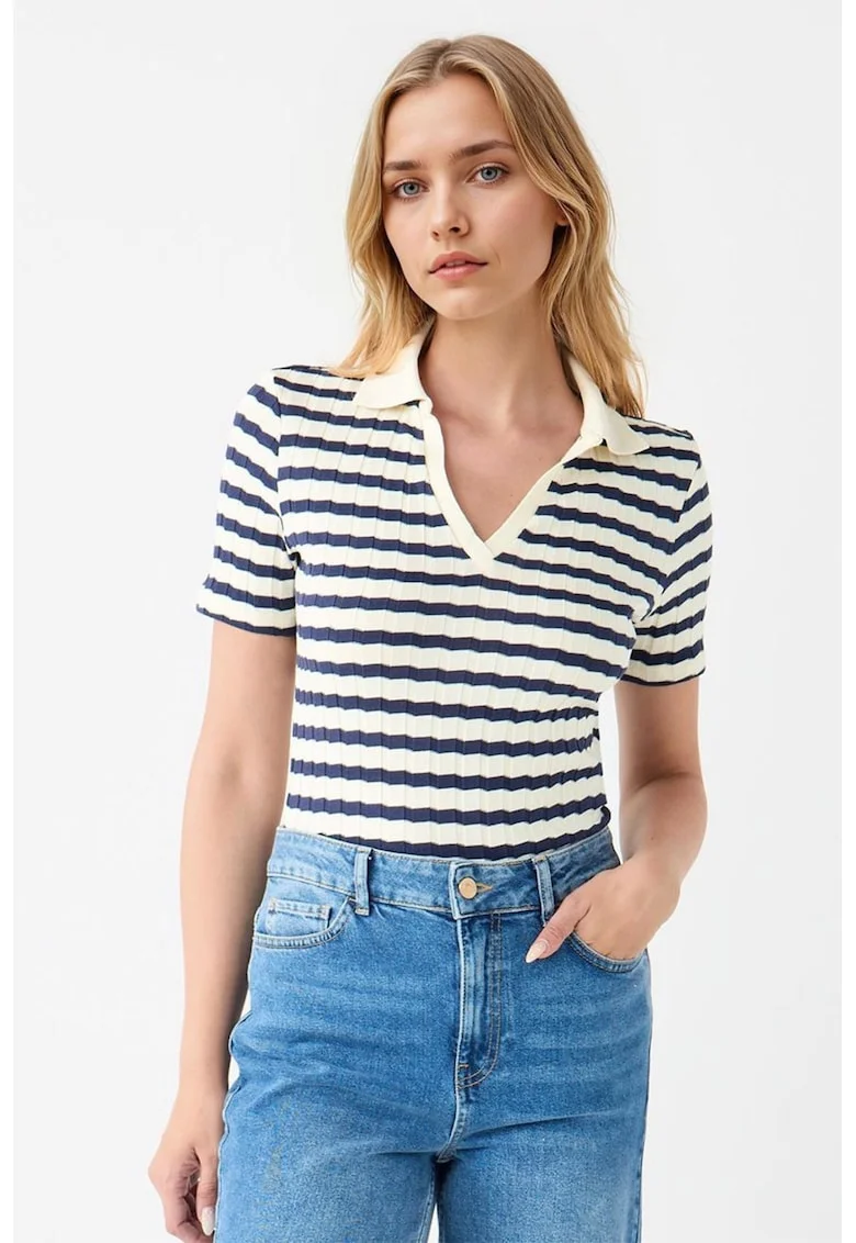 Bluza polo din tricot, Alb fildes/Bleumarin