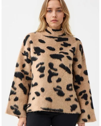 Pulover cu maneci cazute si animal print, Negru/Maro deschis