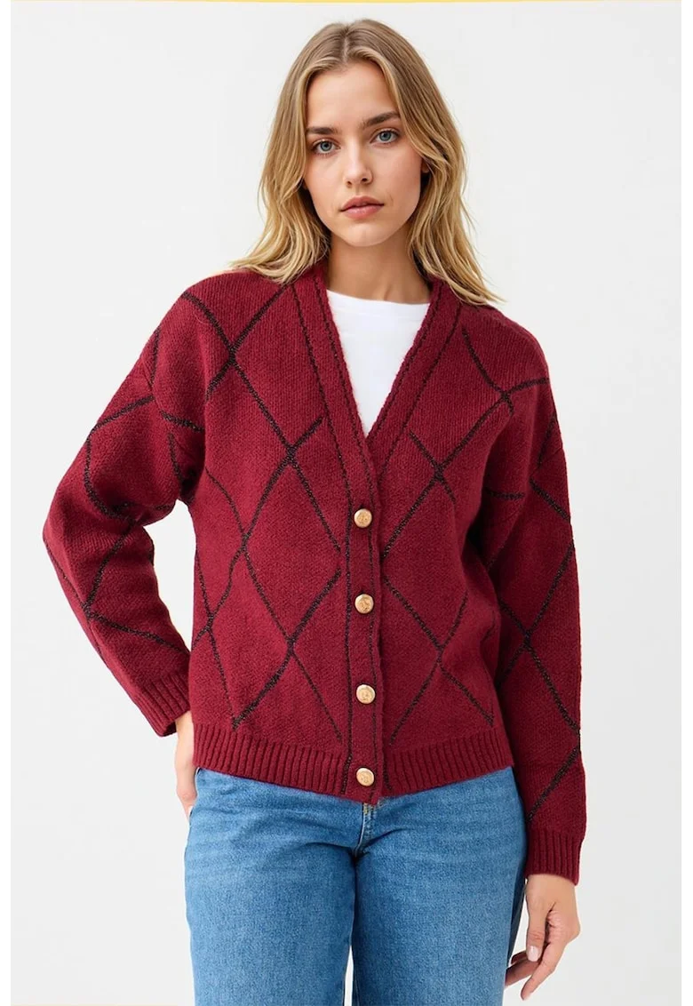 Cardigan tricotat cu nasturi, Visiniu/Negru