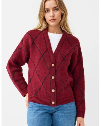 Cardigan tricotat cu nasturi, Visiniu/Negru