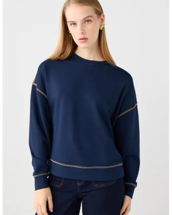 Bluza de trening din amestec de modal cu maneci cazute, Bleumarin