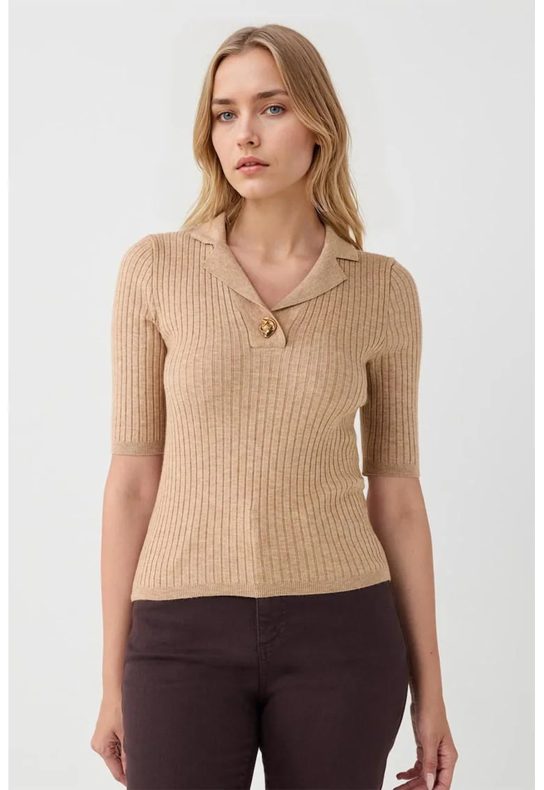 Tricou slim-fit cu revere decupate si striatii, Bej inchis