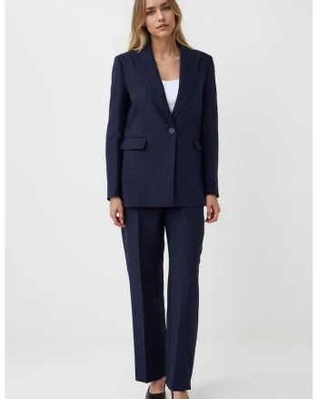 Pantaloni drepti cu detalii pensa si dungi, Bleumarin