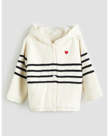 Cardigan cu gluga si model in dungi, Negru/Crem