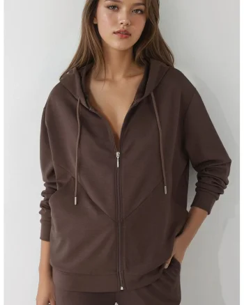 Hanorac dama,  cu fermoar, textil, maro, Maro