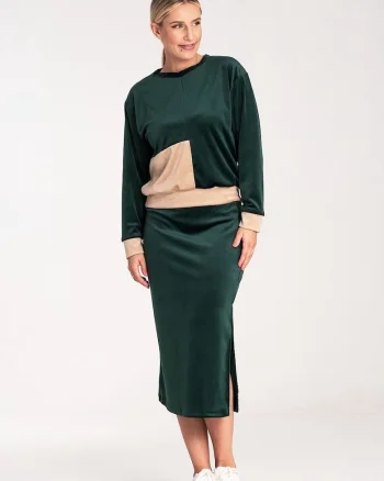Set velur  bluza cu maneci lungi si fusta creion, verde, poliester, Verde
