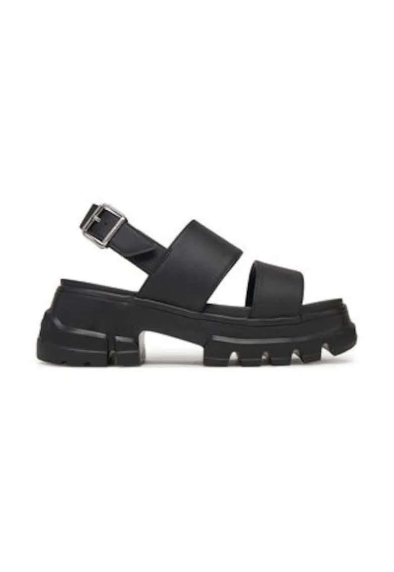 Sandale dama,  piele ecologica, negru, inchidere cu catarama