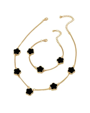 Set colier, cercei si bratara, auriu, cu pandantive flori negre, Nickie C15