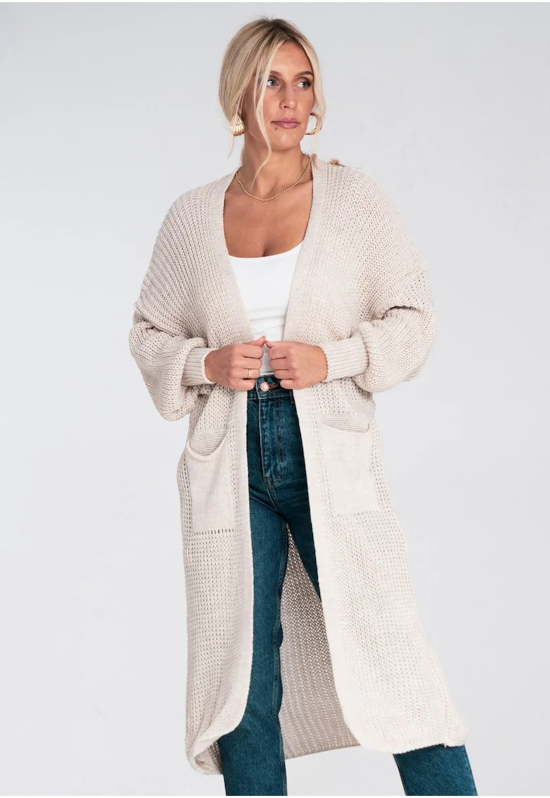 Cardigan maxi  bej, tricotat, croi lejer, cu buzunare, acril