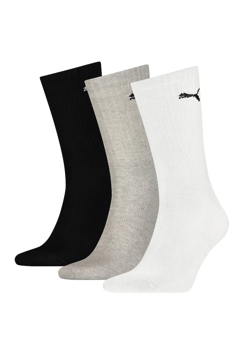 Set de sosete unisex lungi cu logo brodat - 3 perechi, Alb/Negru/Gri