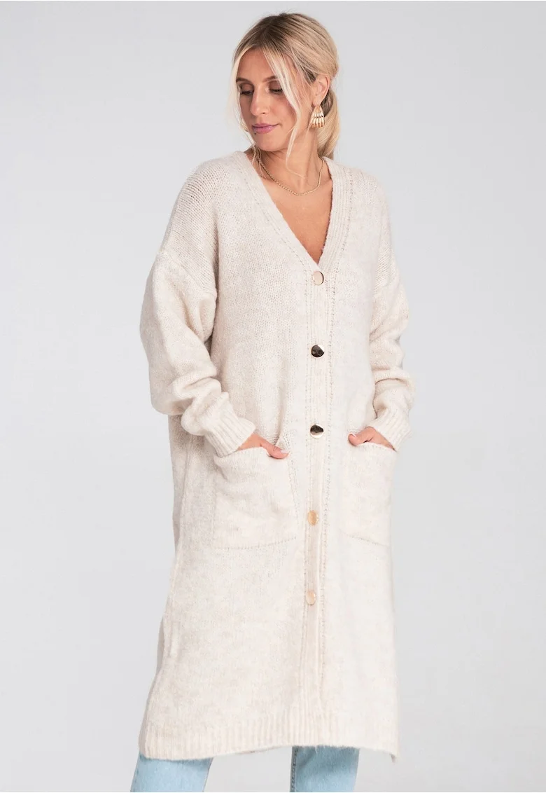 Cardigan lung  bej, tricotat, cu nasturi, croiala supradimensionata, buzunare